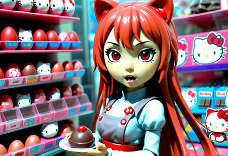hello kitty kinder eggs (on toy shop) ( 1 woman asian whit hair red,,cute face, asuna yuuki face , eating chocolate)