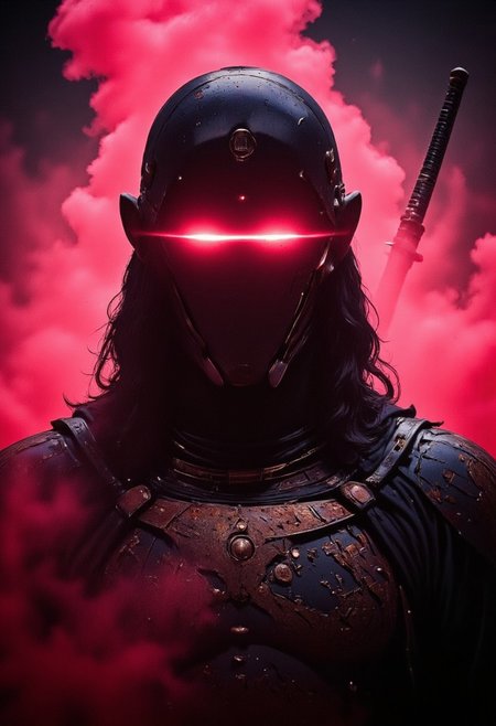 A towering figure looms, enshrouded in a mist of ethereal red and beige-black smoke, his futuristic pastel samurai armor gleaming with holographic sakura etchings. His high-collared translucent pearl-plated shoulder guards ripple under the assault of neon strobes, reflecting the chaos of battle. In a split-second flash, his night-colored form surges forward, caught mid-motion in a devastating strike. The extreme close-up captures the merciless smirk beneath his crimson-lit eyes, a lens flare from the glowing edge of his blade cutting through the haze. Dreamlike yet deadly, the pastel pink-and-cyan two-tone palette clashes violently with deep black shadows, a masterpiece of soft-focus bokeh and hyper-detailed DSLR clarity.