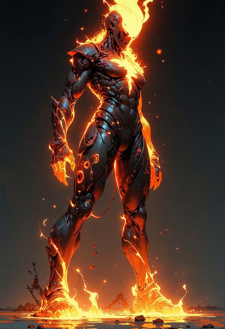 Liquid metal flowing out of a broken container, swirling and gathering on the floor, solidifying into the shape of a person silhouette, homogeneous body, glowing. 
Niji Stan Katayama style.