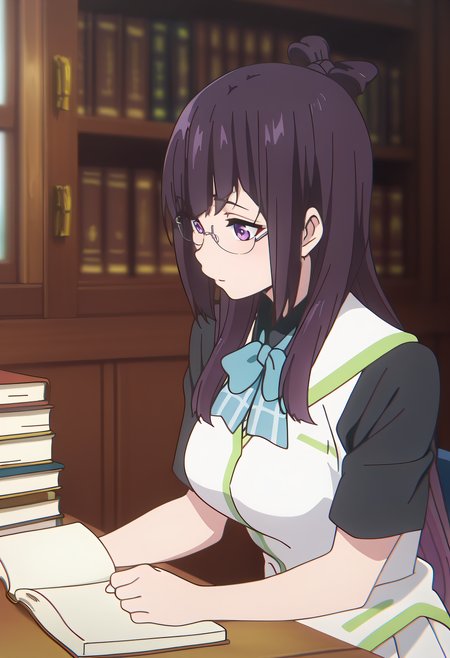 masterpiece, best quality, amazing quality, very aesthetic, absurdres,

1girl, solo, Beach Angels A, long hair, multicolored hair, gradient hair, black hair, purple hair, hair knot, purple eyes, 

school uniform, black shirt, white vest, short sleeves, blue bowtie, white skirt, pleated skirt, frilled skirt, 

at Library, bookshelves, reading a book, stack of books, table, window, glasses,

anime coloring, 

kyoto animation,

