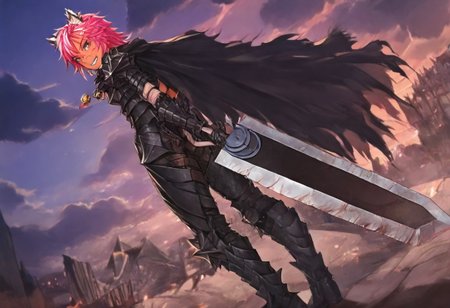 masterpiece, very aesthetic, anime screenshot, 1girl, Pink_PonyXL, DragonSlayerSword-Il.V1.0, black armor, shoulder armor, gauntlets, greaves, bandaged arm, black cape, torn cape, bright pink hair, cat ears, scar on nose, cat bell around neck, tanned, white tiger tail, small breasts, femine body, smiling, making a cute cat face, single fanged tooth showing, standing, looking at viewer, side view, wielding-dragonslayer, huge weapon, sword, holding sword, holding weapon, full body, zoomed in on pink_ponyxl, Dutch angle, cowboy shot 
Break
City of hyrule, bright and sunny, happy adoring crowd,