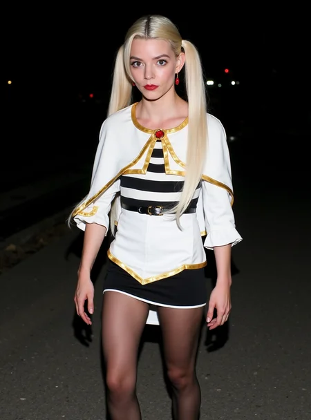 A photo of actress Anya Taylor-Joy <lora:Anya_Taylor-Joy_Flux:1.7> , cosplaying as  F-r-i-e-r-e-n, with twin tail silver hair and light blue eyes.   She is wearing a white and gold capelet over a black and white striped shirt with white sleeve. Her capelet has gold trimming, and red gems at the shoulders and wrists. She is wearing a white skirt with gold trim, black belt, opaque black tights, brown boots and red earings. She has Mid-back-length hair. She's facing the viewer and her whole body is visible, including her boots. The background is at nighttime  and empty.   <lora:cos-frieren:.8>