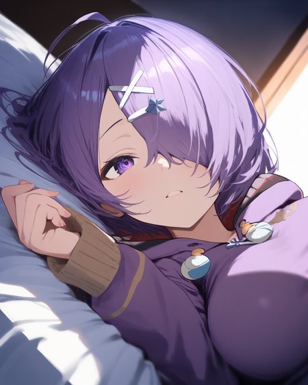 1girl,
KisoAzukiDotLive,
safe, solo, dutch angle, upper body,
hair ornament,
hair over one eye,
purple hoodie,
large breasts,
lying,
on bed,
moodie lighting,
depth of field,
<lora:kp_KisoAzukiDotLiveAnimagineXL_v1_1:1.0>,
masterpiece, high score, great score, absurdres