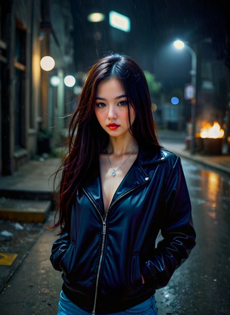 cinematic film still a young woman standing on a street at night. She is wearing a black leather jacket and jeans, and her long dark hair is styled in loose waves. The woman is looking directly at the camera with a serious expression on her face. The street is wet and there are streetlamps and buildings in the background. The overall mood of the image is dark and moody. <lora:add-detail-xl:.5>  <lora:Flux-style-xl-lora:.5>
