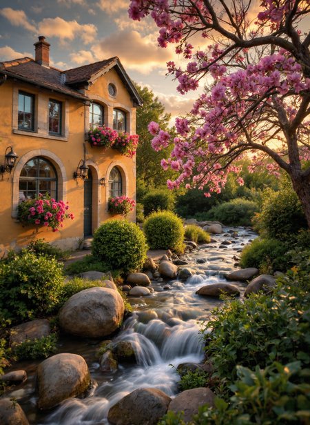 The image depicts a picturesque scene of a charming house surrounded by lush greenery and vibrant flowers. The house is a two-story structure with a warm, yellow-orange facade, adorned with large arched paned windows. The house is viewed from an angle to better view its side. The windows have dark frames, and some of them are decorated with vibrant pink flowers in hanging baskets, adding a splash of color to the building. In front of the house, there is a small stream or river that flows gently over smooth, rounded rocks. The water appears clear, creating a soothing and tranquil atmosphere. The stream is bordered by well-manicured bushes and shrubs, which are lush and green, contributing to the overall sense of natural beauty.
To the right of the house, there is a large tree with bright pink blossoms, which adds to the vibrant and colorful feel of the scene. The tree's branches extend over the house, creating a canopy of flowers. In the background, the sky is painted with warm hues of orange and yellow, suggesting either a sunrise or sunset. The sky is partly cloudy, with the clouds catching the light and adding depth to the scene. Overall, the image exudes a sense of peace, beauty, and natural harmony, capturing a serene and idyllic moment in time.