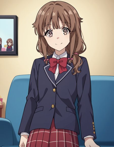 score_9, score_8_up, score_7_up, source_anime, <lora:kaede-azusagawa-s1-ponyxl-lora-nochekaiser:1>, kaede azusagawa, long hair, bangs, brown hair, brown eyes,, skirt, shirt, long sleeves, bow, school uniform, jacket, white shirt, pleated skirt, collared shirt, bowtie, red bow, black jacket, plaid, red skirt, plaid skirt, blazer, red bowtie,, living room, television, couch, popcorn, watching movie, night time, smile, looking at viewer, solo,, cowboy shot, dutch angle