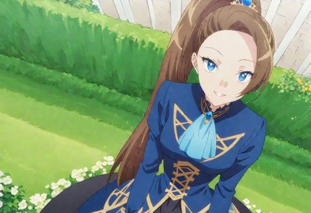 masterpiece, best quality,  1girl, outdoors, looking at viewer, solo, highres, brown hair, long hair, ponytail, blue eyes,
(Katarina Claes, wear blue original Victorian dress :1.0), dynamic pose, at beautiful garden , seductive smile,  detailed eyes,  best quality, medium  shot,  sitting on edge of white wall,
random Camera angle, 
score_9, score_8_up, score_7_up, rating_explicit, epiCPhoto, sharp avn award winning photo, ultrasharp, artistic photoshoot, masterpiece, best quality, detailed painting,