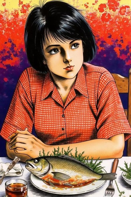 1keryo illustration. 
The image depicts a young girl sitting at a table with a cooked fish placed in front of her. She is wearing a red checkered shirt and has short black hair. The background features a vibrant, colorful scene with a mix of red and yellow hues. The fish appears to be garnished with some herbs or spices. The overall setting suggests a dining or meal preparation scenario. <lora:1keryo1_cap_d6a3e12:1.0><lora:826550311616300758:0>