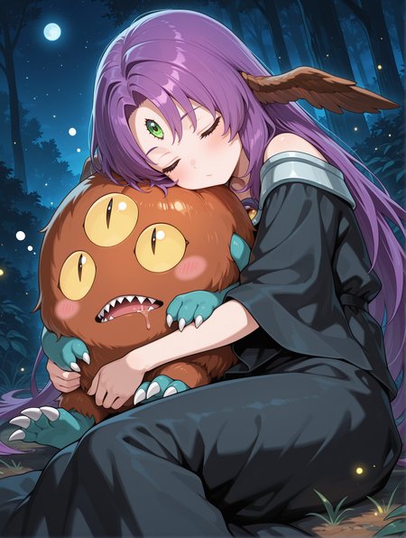 witch of the black forest,1girl,closed eyes,sleeping,blush,black long dress,brown head wings,sitting,closed mouth,monster hug,1other,sangan,open mouth,monster,claws,sharp teeth,night sky,black forest,slit pupils,head on another's,on side,open mouth,saliva,
masterpiece,best quality,amazing quality,very aesthetic,absurdres,newest,<lora:Witch of the Black Forest illusXL v1.4:0.7>,