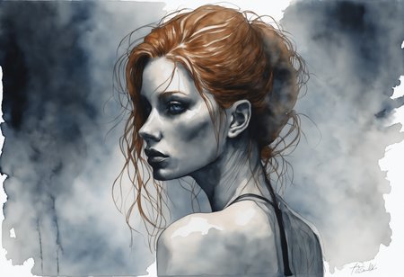 a watercolor painting of a female, (from behind:1.5).
Her (ginger undone hair:1.2) covers part of her beautiful face and bare chest, cold blue eyes. 

There is diffuse, misty and smoky atmosphere around her, giving the picture a menacing element. 
The picture is photographed in a monochromatic scheme, mainly with shades of black, white and gray.

(dystopian style, highly detailed, bleak, post-apocalyptic, somber, dramatic)
