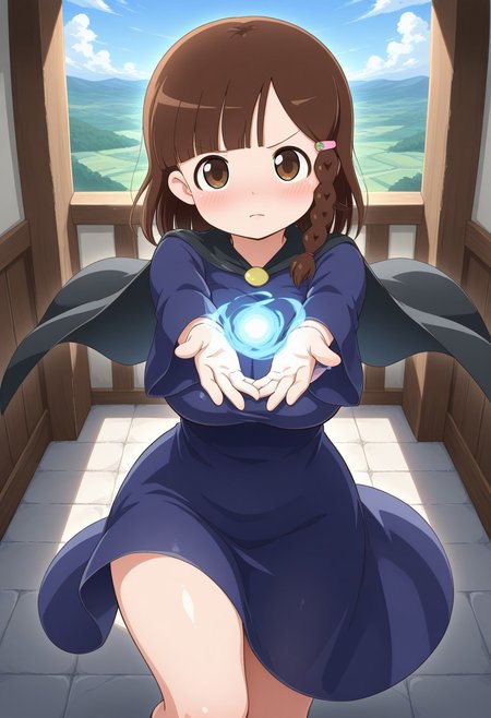 masterpiece, best quality, amazing quality, very aesthetic,  absurdres, best quality, 4k, upscale, indoors, slightly side, dynamic pose, foreshortening, outdoors, sky, landscape, magic,  riri, 1girl, brown hair, solo, braid, brown eyes, hair ornament, looking at viewer, dress, hairclip,  blush, bangs, cape, closed mouth, blue dress, side braid, blunt bangs, single braid, thick thighs, wide hips, large breasts, saggy breasts,<lora:Riri_ILv2:0.8>