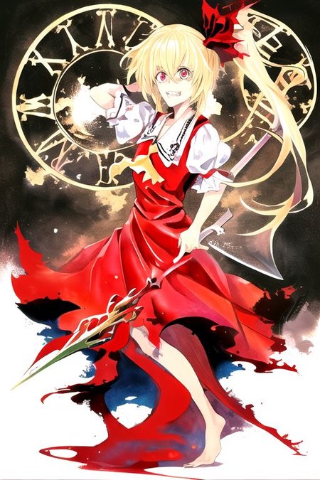solo, 1girl, solo_focus, ((too many)):16, 
watercolor (medium), traditional media, 
flandre_scarlet_(koumajou_densetsu), solo, 1girl, crazy_smile, long_hair, blonde_hair, red_eyes, hair_between_eyes, long_dress, puffy_sleeves, short_sleeves, branch, wings, sidelocks, barefoot, hair_ribbon, small_breasts, yellow_ascot, fangs, side_ponytail, polearm, crystal, one_side_up, ((torn_clothes)), cross, red_dress, clenched_teeth,