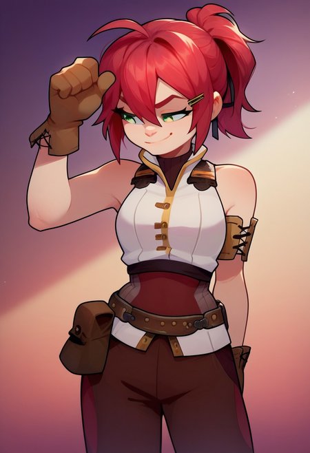 score_10, score_9, score_8, score_7, 
Sylvi4, red hair, ponytail, short hair,green eyes,breasts, ahoge, hair between eyes, green eyes, brown gloves, leather gloves, pouch, belt pouch,  pants, belt, brown footwear,  hair ribbon, bare shoulders, sleeveless shirt, shirt, hair ornament, hairclip, armband,
smiling, smug,