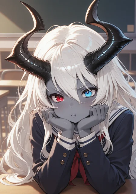 masterpiece,best quality,amazing quality,
<lora:flameglass:0.8>,flameglass,
1girl,heterochromia,horns,long hair,blue eyes,grey skin,red eyes,white hair,grey skin,upper body,pout,school uniform,classroom,