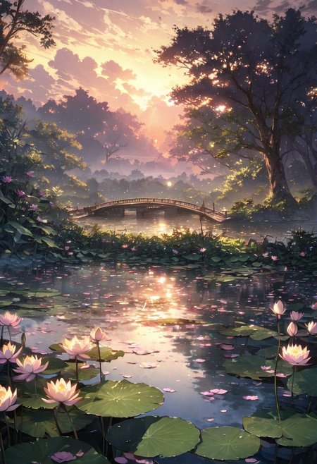 detailed background,( Calm spring night landscape), amongst lush greenery, beautiful view, Water lilies in full bloom, Water lilies, Unexplored, early morning, sunrise sky, beautiful clouds, dappled sunlight, beautiful, Tranquil Lake, Walkway, petals dancing in the wind, depth of field, masterpiece, best quality, ultra-detailed, very aesthetic, illustration, perfect composition, intricate details, absurdres, moody lighting, wisps of light, no humans,