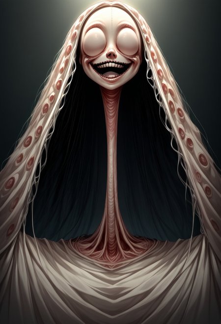score_9, score_8_up, score_7_up, source_anime, solo, Nightmarish Jessica Rabbit, (looking towards the viewer, face view, close up face, head shot, face portrait:1.4), (long arms, long legs, long neck, horror, no eyes, no face, large mouth, creepy smile, skinny, bones, Victorian gown:1.5), close face view, (indirect lighting, dynamic lighting:1.4), simple background, (detailed image, high resolution, 5k resolution:1.0), VikingAnime, (cute Art Style:1.2)