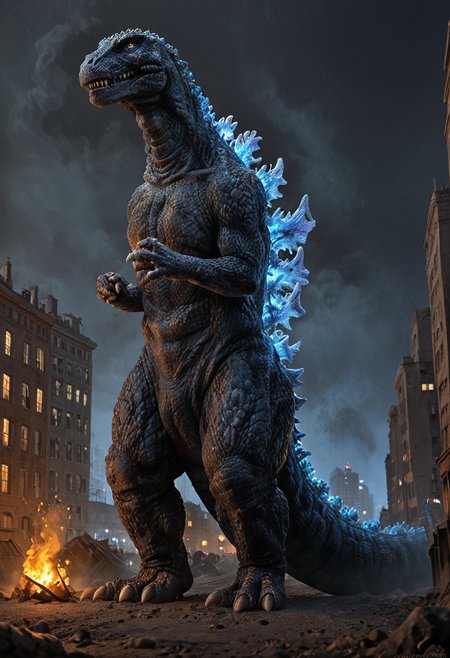 score_9, score_8_up, score_7_up, solo, 1man, giant dinosaur zilla_1998, sharp teeth, spines, blue spines, feral, realistic scales, detailed scale texture, solo, size difference, german village, solo, outdoors, city, city of fire, solo,furry male, solo, plantigrade, full body, solo, cinematic setting, extremely detailed, Macro detailed realism style photograph, 3DMM