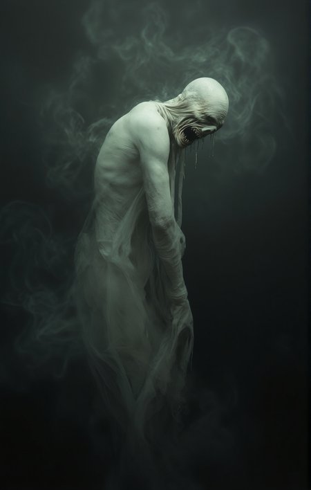 The image portrays a haunting and surreal depiction of a figure with a distorted face possibly screaming or in agony. The figure's head is covered with a cloth or bandage and its body is draped in a flowing translucent material. The background is filled with swirling smoke or mist. Side view from the left. <lora:- Flux1 De-Distilled - temp_haunting_cre_1.0-step00001200:1>