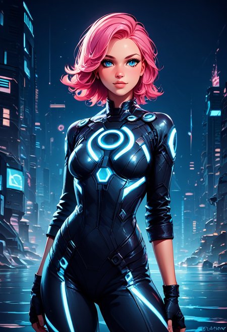 score_9, score_8_up, score_8, medium breasts, (curvy), 
zzCitronLegacy, 1girl, solo, breasts, looking at viewer, long hair, blue eyes, pink hair, gloves, fingerless gloves, medium hair, lips, bodysuit, neon glow, 
city, night, 
zPDXL, Expressiveh