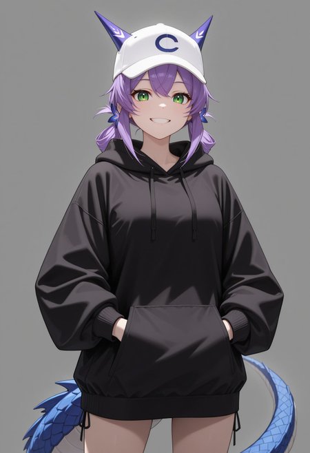 masterpiece,best quality,absurdres,highres,very aesthetic,high quality,detailed,insanely detailed,beautiful,perfect lighting, looking at viewer,
, <lora:Flatorte illu:0.9> 1girl, purple hair, long hair, green eyes, hair ornament, dragon girl, dragon tail, smile, grin,
baseball cap, hat, white headwear,, standing, hood down casual, black hoodie, closed mouth, long sleeves, cowboy shot, drawstring, nail polish, hands in pockets, white background,, simple background, grey background, black jacket, light frown,