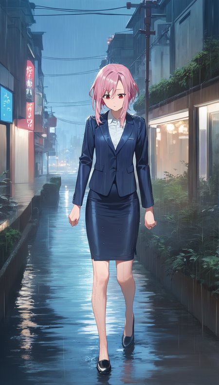 score_9,score_8_up,score_7_up,
<lora:yoshinokoharu:0.8>,
yoshinokoharu,
1girl,solo,
pink hair,short hair,bangs,
red eyes,looking down, furrowed brow,  
blue blazer,white shirt,blue pencil skirt,wet hair,wet dress,
black shoes,
full body,walking,
outdoors,cityscape,night,light particles,downtown,rain,