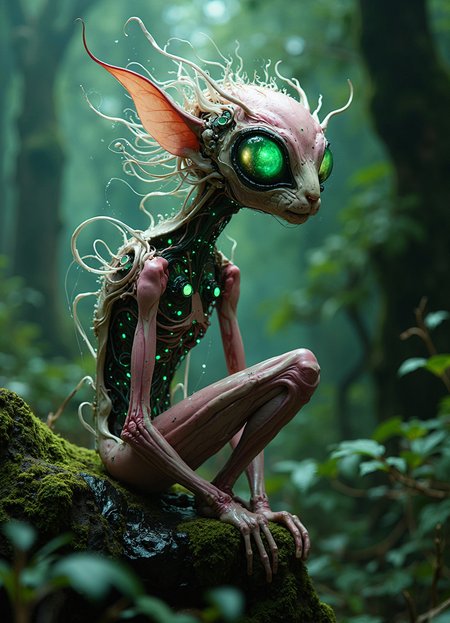 A haunting fusion of organic and synthetic, this hyper-realistic surrealist masterpiece depicts a cybernetic forest sprite emerging from primordial ooze. Its elongated neck, composed of intertwining bio-mechanical tendrils and pulsing circuitry, supports a delicate head with impossibly large, luminous green eyes that pierce the soul. The creature's body is a symphony of textures - sleek pink polymers intermingling with raw, exposed musculature and gleaming metallic components. Wisps of white fiber-optic hair float ethereally around its head, contrasting sharply with the gnarled, moss-covered stone it perches upon. The background fades into a misty, twilight forest, hinting at ancient mysteries and futuristic wonders alike. Intricate details abound - dewdrops clinging to synthetic lashes, minute circuitry patterns etched into exposed panels, and the soft glow of bioluminescent patches scattered across its form. This image captures the delicate balance between nature and technology, the familiar and the alien, in breathtaking hyper-realistic detail that challenges the viewer's perception of reality.
