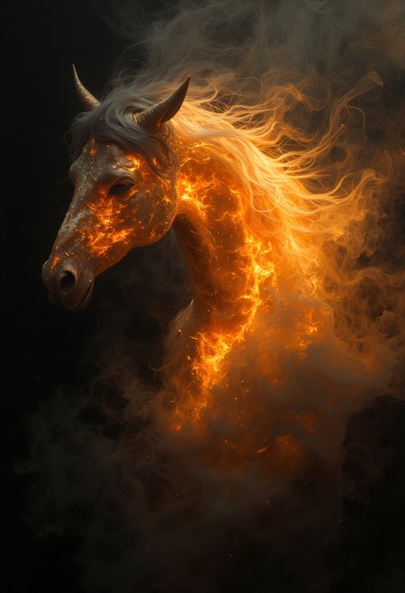 a dipiction of a fire horse, (disintegrating and dissolving into fog and smoke:1.3), (blending form with the black background:1.3). Framed in thick volumetric fog. diffused light, delicatly, whispering, eye catching masterpiece artwork. drifting fog, cracked light and scattering smoke in a dreamlike reality.