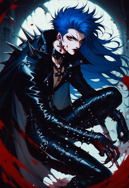 (score_9, score_8_up), score_7_up, long hair, goth, punk, eyelashes, claw, black latex glove, looking at viewer, red eyes, 1boy, jewelry, long latex boots, blue hair, male focus, earrings, cape, blood, cross, spiked hair, vampire, chaotic, retro
 <lora:nostalgia-000011:0.9>