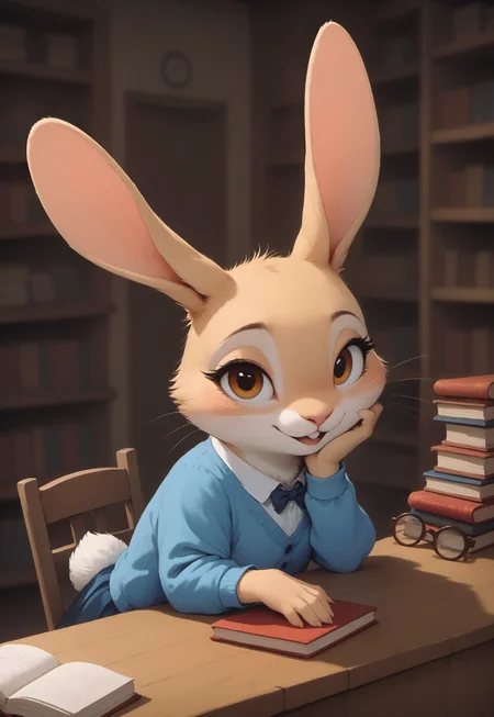 score_9, score_8_up, score_7_up, score_6_up, score_5_up, score_4_up, simple background,

rabbit, beige fur, brown eyes, glasses, cardigan, feral, cute,

leaning on counter, library, bedroom eyes, seductive, head in hand, open mouth, (looking at viewer:1.3), (high angle view:0.8), upper body, head focus, 