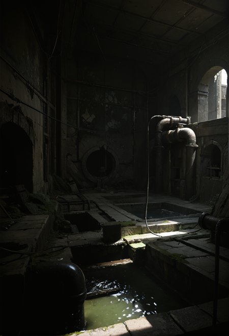 ,ruanyi0826,ruins,water,cable,indoors,drainpipe,dark,<lora:0826 abandoned sewer_v1_pony:1>, score_9,score_8_up,score_7_up,,8k,1girl,solo,,