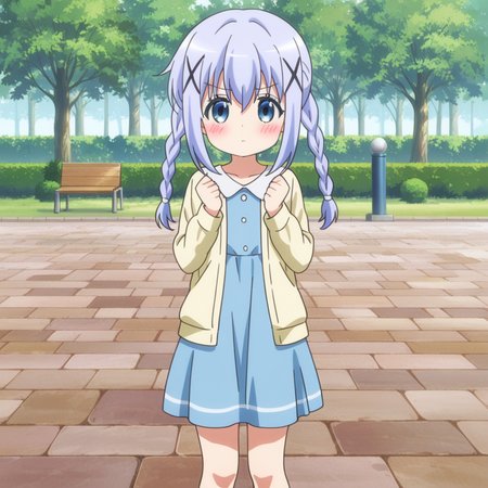 nsfw, masterpiece, best quality, amazing quality, 1girl, solo, is_the_order_a_rabbit_chino_kafu, standing, hands up, clenched hands, twin braids, blue eyes, x hair ornament, hair ornament, dress,blue hair, bangs, blush, long sleeves, blue dress, sidelocks, jacket, long hair, yellow jacket, looking at viewer, open clothes, open jacket, hair between eyes, twintails, light blue hair, outdoors, park, <lora:Chino_Kafu_-_Is_the_Order_a_Rabbit:0.7>