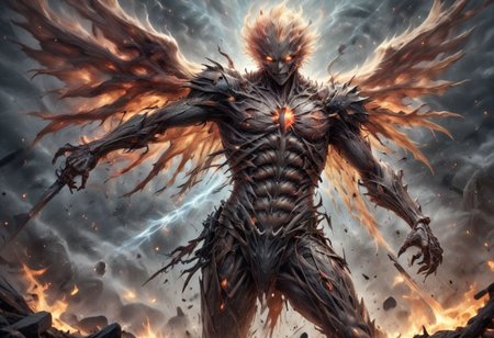 score_9, score_8_up, score_7_up, rating_explicit, intricate detail, chromatic aberration, realistic, detailed face, detailed legs, correct anatomy score_9,score_8_up,score_7_up,score_6_up,ciprealism, (masterpiece:1.2, best quality, ridiculous resolution, ultra detailed ),realistic ,painting,female angel (wings), ((flaming sword in hand)),extremely delicate and beautiful face, detailed face, realistic skin, (pale skin), action ((angel swings sword at demon)) 1 demon ((huge)), ((looks like an eerie spawn of hell)) (size difference: 1.4), divine bright night: 1.2), battle between good and evil, ((apocalyptic picture)), perspective, far, near, side, top, bottom
