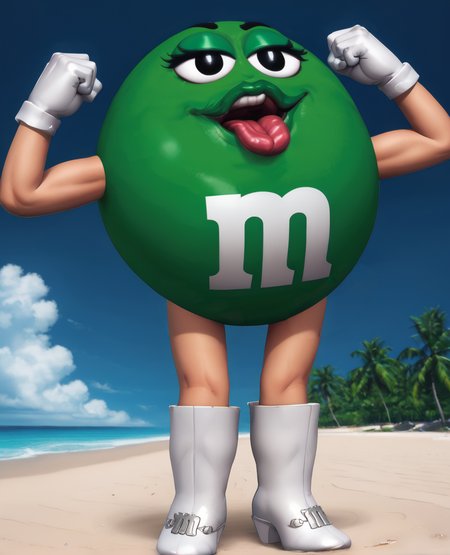 msgreen,white gloves,black eyes,m,clenched hands,wide mouth,
standing,white boots,green eyeshadow,open mouth,tongue out,fat tongue,
from below,
beach resort,green skin,
<lora:MsGreen:1>,
