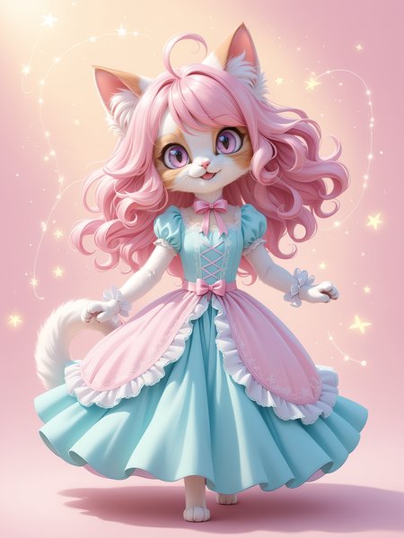 chibi pastel-colored cat character, beautiful hair, furry female,   beautiful dress, soft pastel background, dreamy setting, gentle lighting, whimsical, playful, detailed, high contrast, hyper-realistic, charming, joyful, imaginative, high-definition, soft focus, light-hearted, cute atmosphere, BREAK 
no humans, spinning,