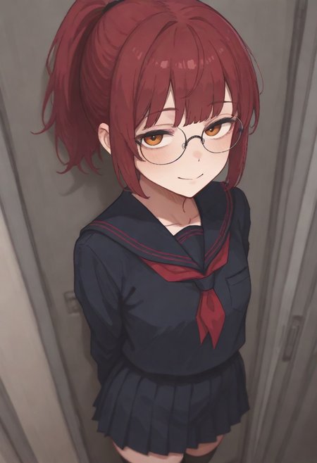 1 girl, small girl, standing, black sailor uniform, short girl, black tight highs, red hair, ponytail, circular glasses, orange eyes, friendly girl, smile , bright expression, tarustyle, artist:moriimee