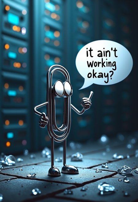 (Clippy, a paperclip with googly eyes), desktop (computing), icon, middle finger
A metal paperclip with googly eyes, ((speech bubble "it' ain't working, okay?!")), 
server background, chaos, broken glass
