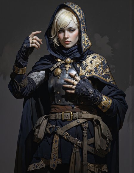 By Phandigrams. This image is a digital illustration in a dark, moody, and dramatic style. The artwork features a lone figure, a woman with short, platinum blonde hair, dressed in a dark, medieval-inspired outfit. She wears a hooded cloak with intricate, golden embroidery and a visible emblem on the shoulder. Her attire includes a breastplate armor, gloves, and a belt with pouches, indicating she is likely a warrior or adventurer. <lora:Phandigrams:0.85>