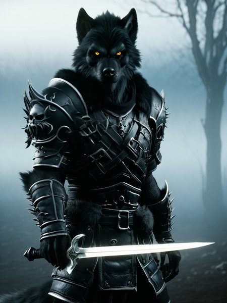 worgen, male worgen, deathknight worgen, deathknight clothing, wolf with a sword, wearing heavy black plate armor, with spikes and skulls, in the cold, foggy background <lora:wowrgen-sdxl:1>