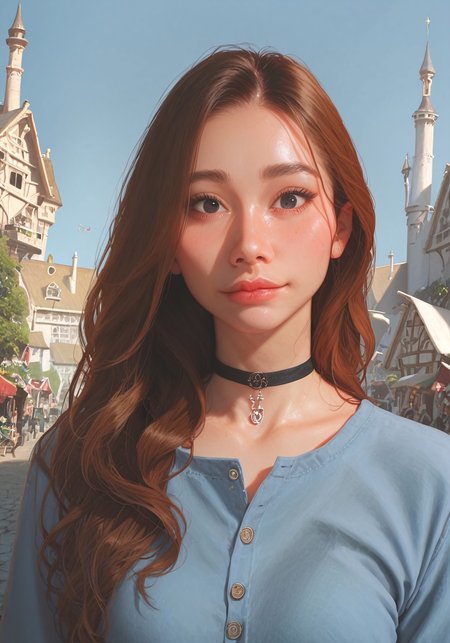 score_9, score_8_up, score_7_up, score_6_up, score_9, score_8_up, read description, Expressiveh ,g0thicPXL, glowing,

medieval castle in background, day time, detailed  backgrounds,market ,stone castle,blue sky,((clear sky:1.2)),towns,big clouds,

(19 year old girl) , from front,masterpiece,best quality,amazing quality, detailed eyes, upper body, portrait, looking at viewer,1girl, petite body, grossy skin,cutest pose ,joyful,sexy pose,smiling 

nana ,long hair, 1girl,black eyes,duck face,sexy lip,wide hips , choker, blushing,easynegative,jeans pants,blue shirt,

studio facial lighting:1.2,professional lighting, high quality,concept art,warm tone,((volumetric lighting)), professional lighting, perfect quality, high quality, Cuti3C0mics