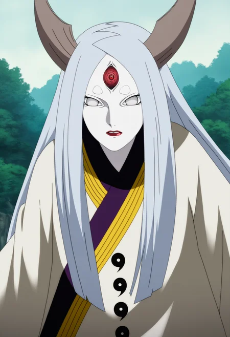 masterpiece, best quality, very aesthetic, absurdres,
1girl, otsutsu kikaguya, grey hair, long hair, grey eyes, third eye, horns, lipstick, pale skin, red lips,
kimono,
cowboy shot, outdoors, forest, anime screencap, anime coloring <lora:KaguyaOtsutsukiNoobXL_byKonan:1>