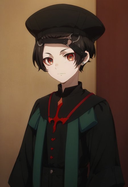 score_9, score_8_up, score_7_up, source_anime, highly detailed, 
jackmouton, solo, red eyes, black hair,  hat, black headwear, long sleeves,
male focus, short hair, standing, looking at viewer, hand on hip, wide sleeves, upper body
