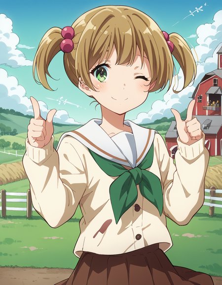 score_9, score_8_up, score_7_up, source_anime, <lora:satsuki-suzuki-s3-ponyxl-lora-nochekaiser:1>, satsuki suzuki, short hair, bangs, brown hair, hair ornament, twintails, green eyes, light brown hair, hair bobbles,, long sleeves, school uniform, serafuku, sailor collar, neckerchief, sleeves past wrists, cardigan, white sailor collar, kitauji high school uniform, green neckerchief, skirt, pleated skirt, brown skirt,, windmill, blades, farm, wind, traditional, smile, <lora:double-finger-gun-ponyxl-lora-nochekaiser:1>, double finger gun,, blush, smile, one eye closed, from side, looking at viewer, solo,, dutch angle, cowboy shot