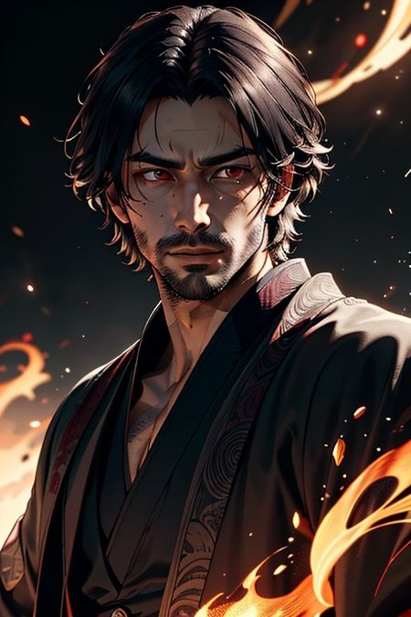 Master piece, highest quality, highest possible OverallDetail, red eyes,
Create an elder of a demonic sect.
The character looks like he is in his late twenties or early thirties. He is handsome.
He has black shoulder-length shaggy hair. 
His eyes are dark red. Detailed face. 
Martial art robes.