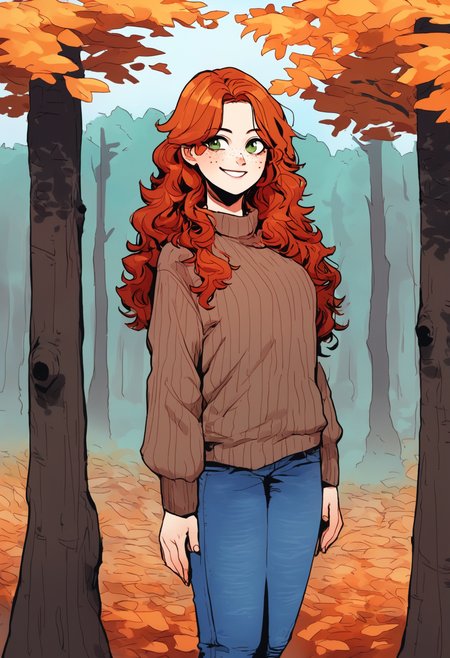 score_9_up, source_ anime, opossumachine_style,1girl, freckles, pale skin,smile, green eyes,orange hair, long hair, wavy hair, brown sweater, jeans, autumn, forest, trees,