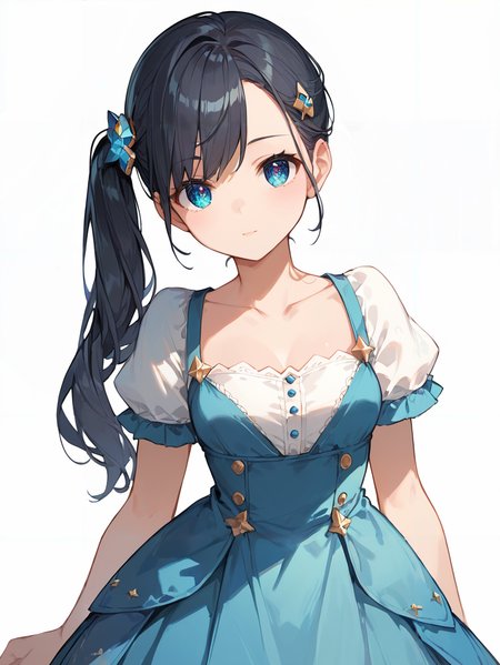 score_9, score_8_up, score_7_up,source_anime, high res image,masterpiece,best quality,(girl:1.0),cute face,clear skin,shiny hair,ultra detailed eyes,simple background, dress,<lora:side ponytail_pony_V1.0:0.5> side ponytail, long hair