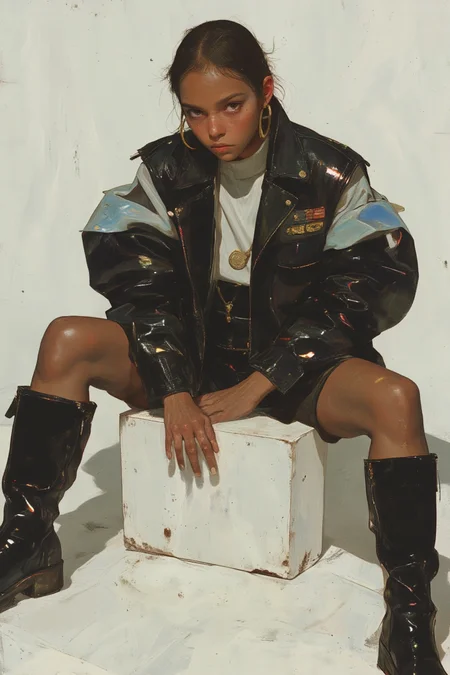 This is a high-fashion photograph featured in the Elle magazine. The subject is a stylish, poised woman with a deep, rich brown skin tone. She is seated on a white block with her legs spread apart, exuding confidence and elegance. Her outfit is a bold, avant-garde ensemble that combines elements of modernity and luxury. She wears a striking black and light blue blazer with oversized, puffy sleeves made of shiny, glossy fabric that reflects light, giving it a futuristic, almost metallic texture. The blazer is paired with a matching high-waisted, short skirt that accentuates her long, lean legs. She completes her look with black, thigh-high suede boots that add a touch of edginess. Her hair is slicked back into a sleek, low bun, and she wears large, golden hoop earrings that add a touch of glamour. The background is a plain white, which emphasizes the subject and her outfit without any distractions. The overall aesthetic of the photograph is modern, chic, and avant-garde, showcasing a blend of high fashion and contemporary design. The image is professionally styled and lit, with a focus on the subject's confident pose and the striking contrast between her outfit and the minimalistic background.