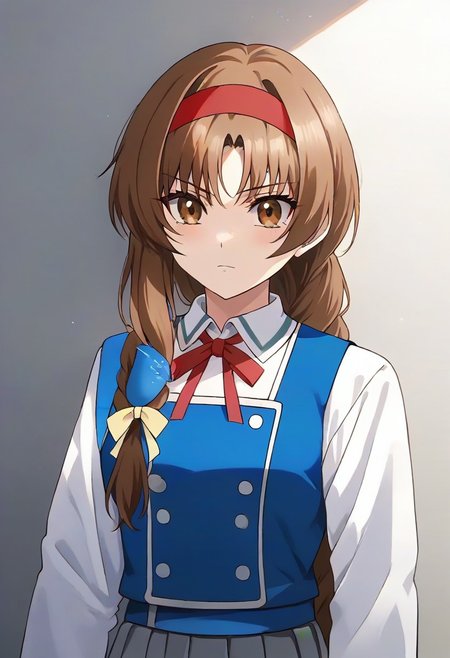 best quality, 4k, rating_safe, very aesthetic, source_anime,1girl, <lora:Takao:0.9>,takao,brown hair,brown eyes,long hair,single braid,red hairband,neck ribbon,white shirt,long sleeves,blue vest,gray skirt,school uniform,
