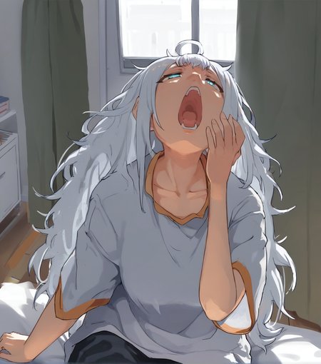 score_8_up. score_7_up,  uncensored, <lora:poccheinfinity:1> poccheinfinity score_9, poccheinfinity, 1girl, kizuna akari, morning, white shirt, yawning, blue eyes, open mouth, black shorts, sitting, white hair, ahoge, short sleeves, window, indoors, messy hair, curtains, waking up, t-shirt, half-closed eyes, hand up
