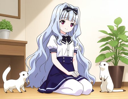 general,highres, ultra-detailed,very aesthetic,best quality ,best hands,  BREAK <lora:Watayuki_BP_IS:1>Watayuki(BP), 1girl,solo, hairband, very long hair, hair bow, purple eyes,  hair intakes, light blue hair, blunt bangs, wavy hair,
sitting, bow, shijou takane, skirt, pantyhose, seiza, indoors, school uniform, plant, white pantyhose, blue skirt, smile,
black bow, short sleeves, animal, solo focus, potted plant,  shirt, puffy sleeves,
multiple_animals,  white_ferret,