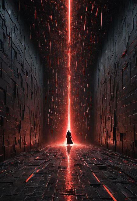 a matrix abyss by H.P. Lovecraft, a long floor into eternity, black reflecting tiles, dimmed lightning, vintage sci-fi led panels, electrical panels, StarWars Darth Vader in the end of the floor Walking with Red lightsaber to viewer, lightsaber Cut the Wall, Spray sparks